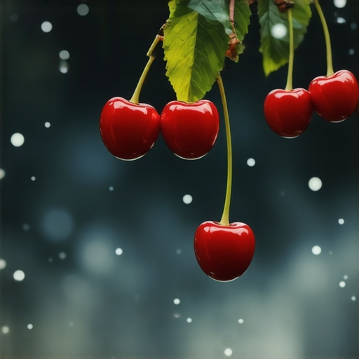 Bright red cherries floating in a spiritual night sky