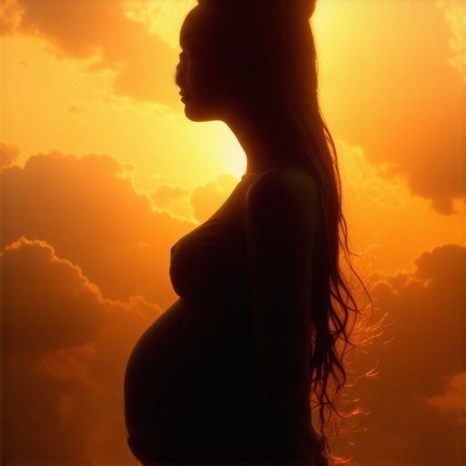 An artistic representation of a person dreaming about pregnancy with divine symbols and spiritual motifs.