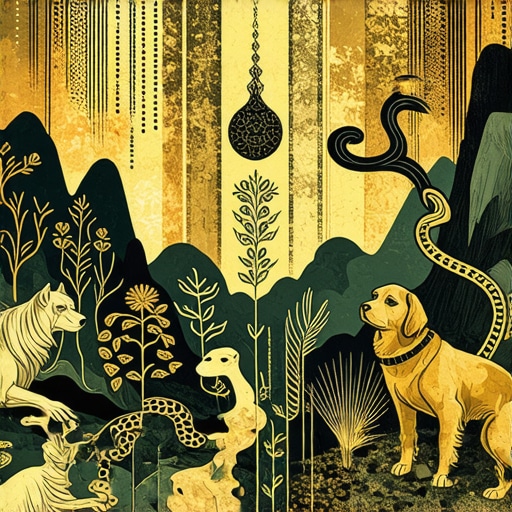 Dreamscape with Symbolic Animals in Islamic Art Illustration of mystical animals like snakes and dogs in a spiritual dream setting, inspired by Islamic art.