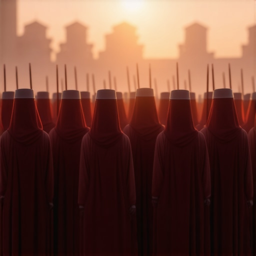 Ejército en sueños: un símbolo de protección y fe en el islam Una formación de ejército en un paisaje espiritual con luz de amanecer, simbolizando protección y fe en el islam