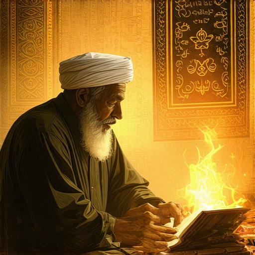 Islamic scholar analyzing dreams with spiritual symbols.