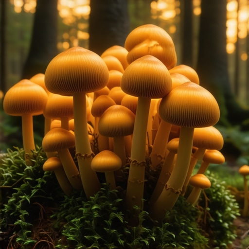 Fungi in a Sacred Forest of Wisdom Spiritual illustration of fungi symbolizing enlightenment and hidden knowledge in a mystical forest