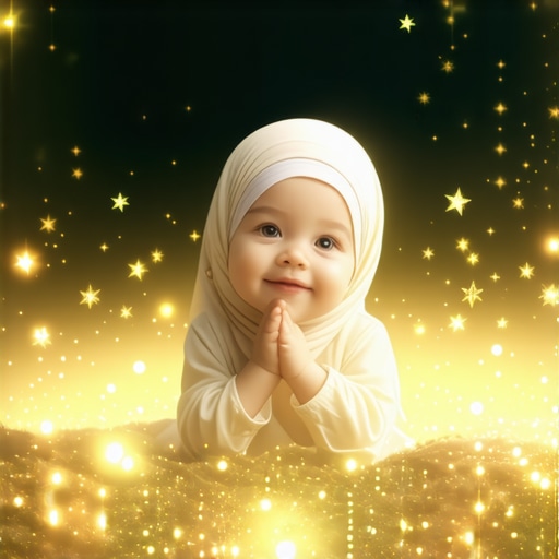 Imagen espiritual de un bebé en el Islam Dibujo tranquilo de un bebé con símbolos islámicos de paz y fe.