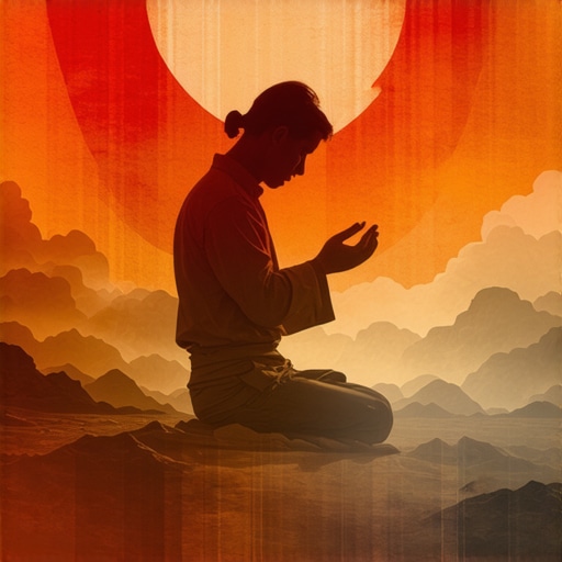 Inner Peace Amidst Spiritual Warfare A person praying peacefully with symbolic imagery of internal conflict and spiritual harmony.