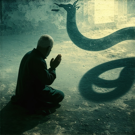 Interpretación Islámica de Sueños con la Sejtana Person praying with a shadow of a serpent representing dream symbolism