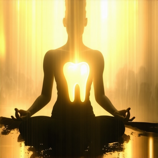 Interpretación espiritual de sueños con símbolos Meditating person with dream symbols around, including a tooth, representing spiritual interpretation