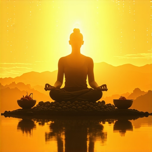 A serene individual meditating at sunrise with symbols of food and spirituality around