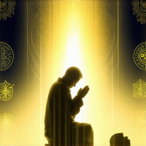 Protección espiritual en el Islam contra Soñar con Sejtana Person praying at night with spiritual symbols around, symbolizing faith and protection in Islam.