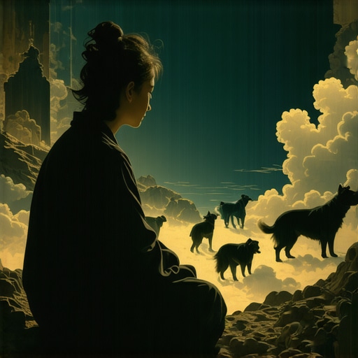 Reflexión espiritual sobre sueños con perros Persona reflexionando sobre sueños con perros en un ambiente espiritual y místico