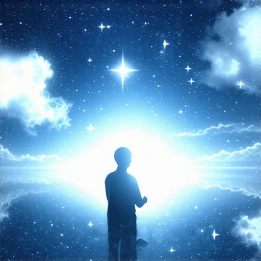 Persona en contemplación nocturna con símbolos de sueños religiosos alrededor