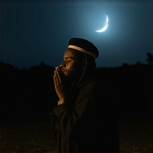 Persona musulmana en oración nocturna con símbolos espirituales en un ambiente tranquilo