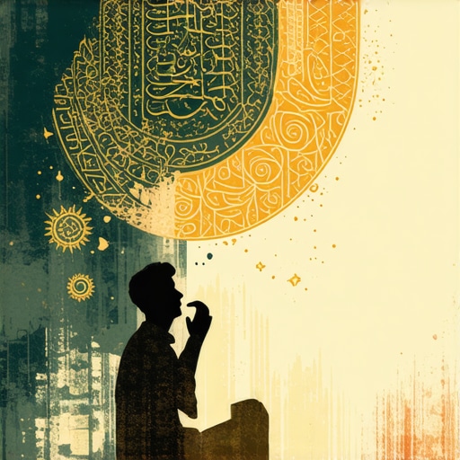 Reflexión sobre sueños espirituales en el Islam Person contemplating dreams and spiritual symbols with Islamic calligraphy