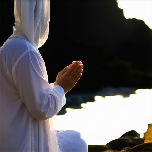 Spiritual purification through prayer in Islam A person praying outdoors surrounded by nature, representing spiritual cleansing in Islam.