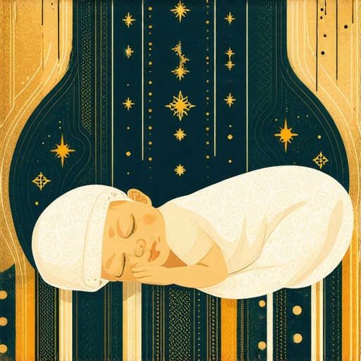 Ilustración de un bebé durmiendo con símbolos espirituales en un contexto islámico