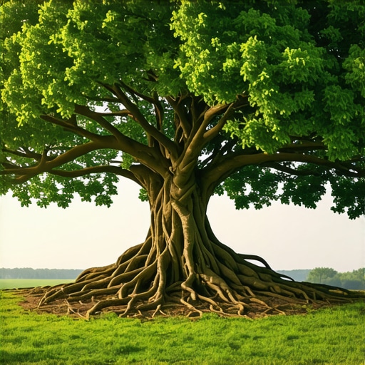 A large, healthy tree with deep roots and spreading branches representing spiritual growth in Islamic dream interpretation.
