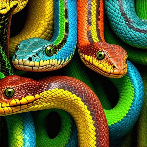 Colorful Serpents in Spiritual Dream Interpretation Illustration of vibrant snakes representing spiritual messages in dreams.