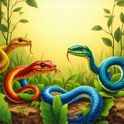 Colorful snakes in a spiritual garden Illustration of vibrant snakes in a serene garden, symbolizing spiritual messages in dreams.