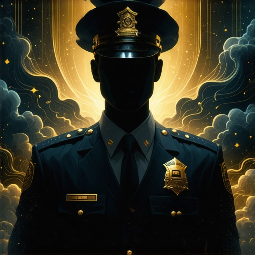 Divine Justice and Authority in Dreams A symbolic image showing a police officer with spiritual symbols of justice and divine guidance in a dreamlike art style.