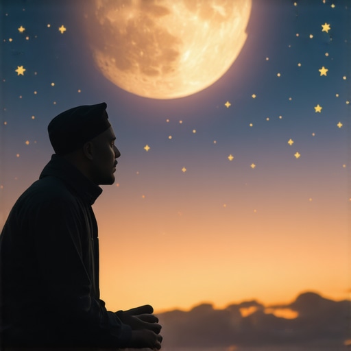 Dreams and Spirituality in Islam A person reflecting on dreams and Islamic spirituality under a night sky with the moon and stars.