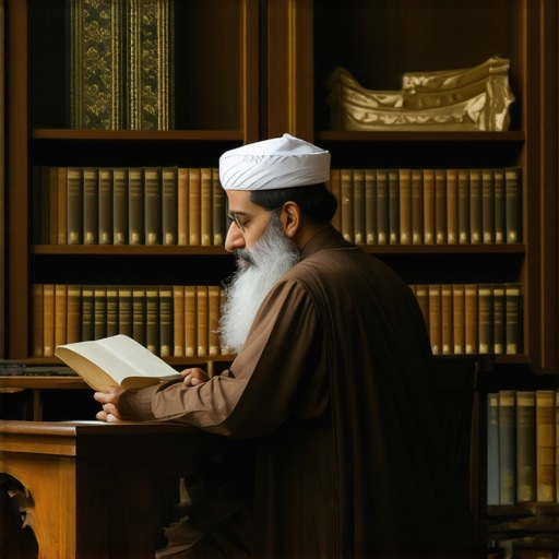 Ilustración de un erudito islámico analizando símbolos en un entorno de estudio espiritual