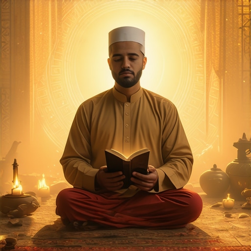 Explorando sueños espirituales en el Islam Islamic scholar contemplating dreams with a journal and spiritual symbols