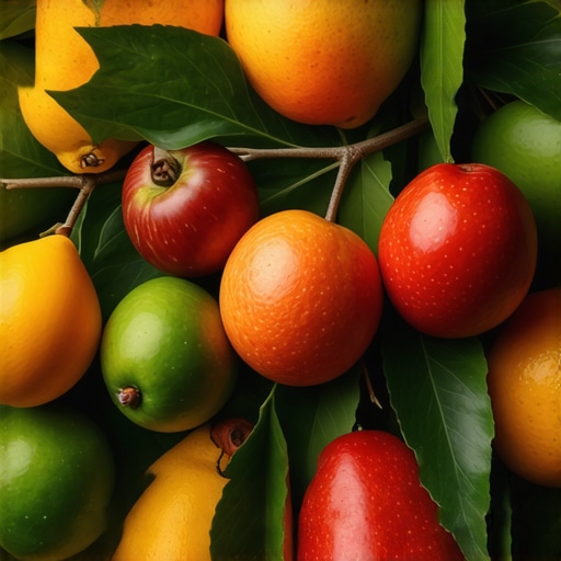 Colorful fruits on a tree branch representing spiritual growth and blessings in Islam.