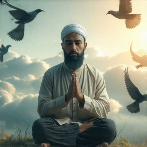 Interpretación Espiritual de los Sueños con Pájaros en el Islam Islamic scholar meditating with symbolic birds and dream motifs in a peaceful setting