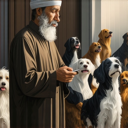 Interpretación Islámica de los Sueños con Perros Ilustración de un erudito islámico analizando sueños con perros en un ambiente espiritual