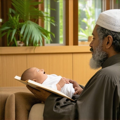 Interpretación islámica de sueños con bebés Sabio islámico analizando sueños con bebés en un entorno espiritual.