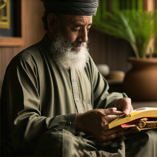 Islamic Scholar Analyzing Dreams about Money Islamic scholar in traditional attire studying dreams about wealth in a peaceful environment.