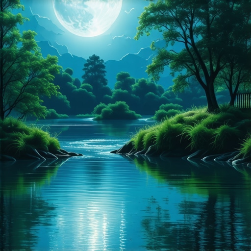 Reflective Night River Scene A peaceful river flowing under moonlight, representing spiritual reflection in Islam