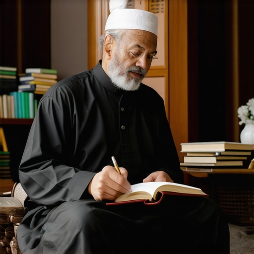 Islamic scholar analyzing dream symbols in a traditional study room