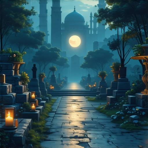 Serene Islamic cemetery at dawn with spiritual symbols Peaceful Islamic cemetery scene at dawn with spiritual symbols and tranquil atmosphere