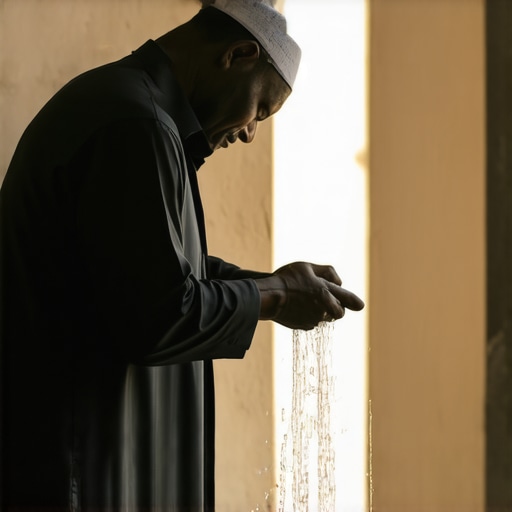 Spiritual Cleansing in Islam Person performing ritual cleansing with water in a peaceful Islamic setting.