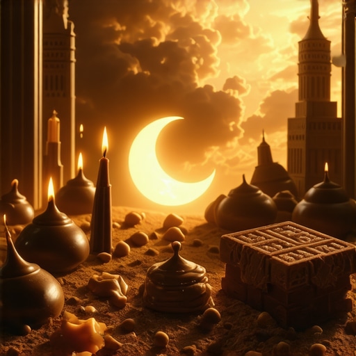 Sueño espiritual con chocolate en el Islam Ilustración de un sueño con chocolate y símbolos islámicos que representan paz y espiritualidad.