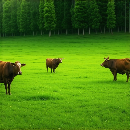 Sueño espiritual con vacas en un campo verde Ilustración de un sueño islámico con vacas en un campo verde, simbolizando prosperidad y obediencia.