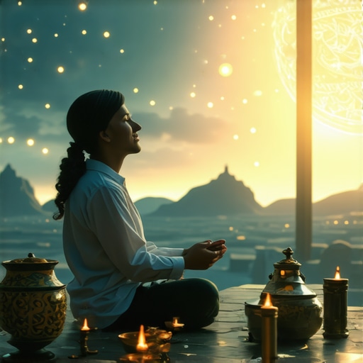 Sueños de riqueza en un contexto islámico Ilustración de una persona soñando con símbolos de riqueza y espiritualidad en un entorno islámico