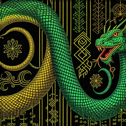 An artistic depiction of a serpent with spiritual symbols in Islamic style