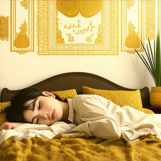 Dream symbols in a peaceful Islamic setting Person sleeping with dream symbols representing spiritual messages around in a tranquil Islamic bedroom.
