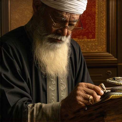 Islamic scholar studying dream symbols related to snakes in traditional setting