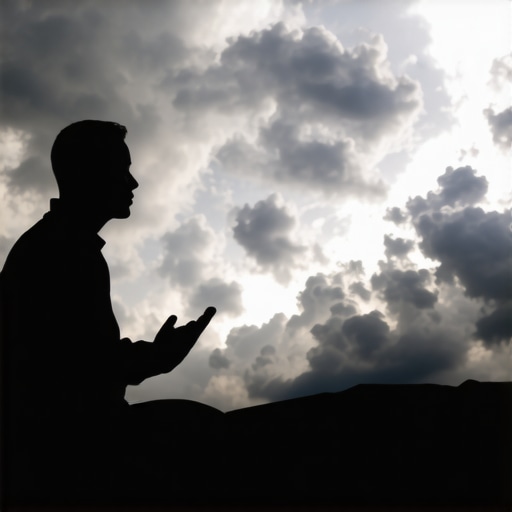 Interpretando sueños de terremoto en el Islam Persona orando con una nube de sueño que muestra un terremoto, simbolizando la interpretación espiritual en el Islam