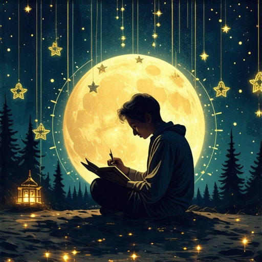 Individual recording dreams with Islamic symbols in the background