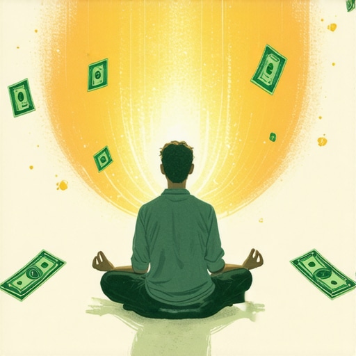 Reflexión espiritual sobre sueños con dinero Person thinking about a dream involving money with Islamic symbols around.