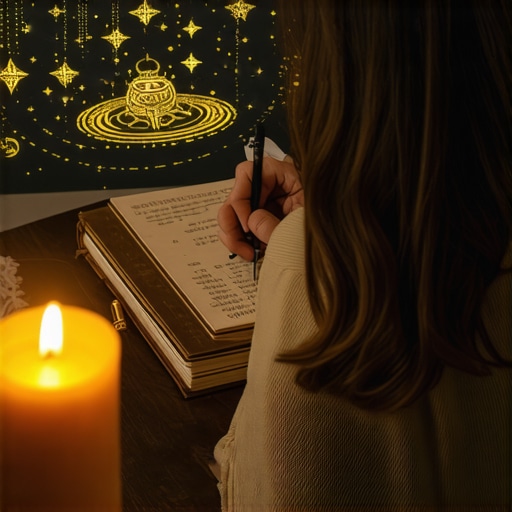 Registro de sueños y simbolismo espiritual en el Islam Persona escribiendo en un cuaderno de sueños con símbolos espirituales