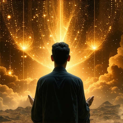 Spiritual Islamic Dream Interpretation Scene A person praying in a mosque with symbols representing dream interpretation and spiritual purification.